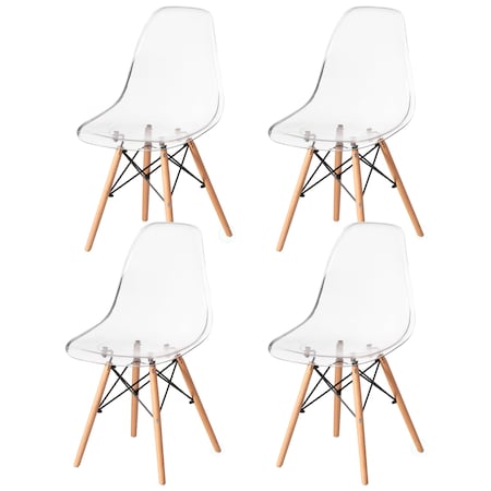 Fabulaxe Dining Chair w/Wooden Dowel Eiffel Legs, DSW Transparent Plastic Shell Accent Chair, Clear, 4PK QI004627.CL.4